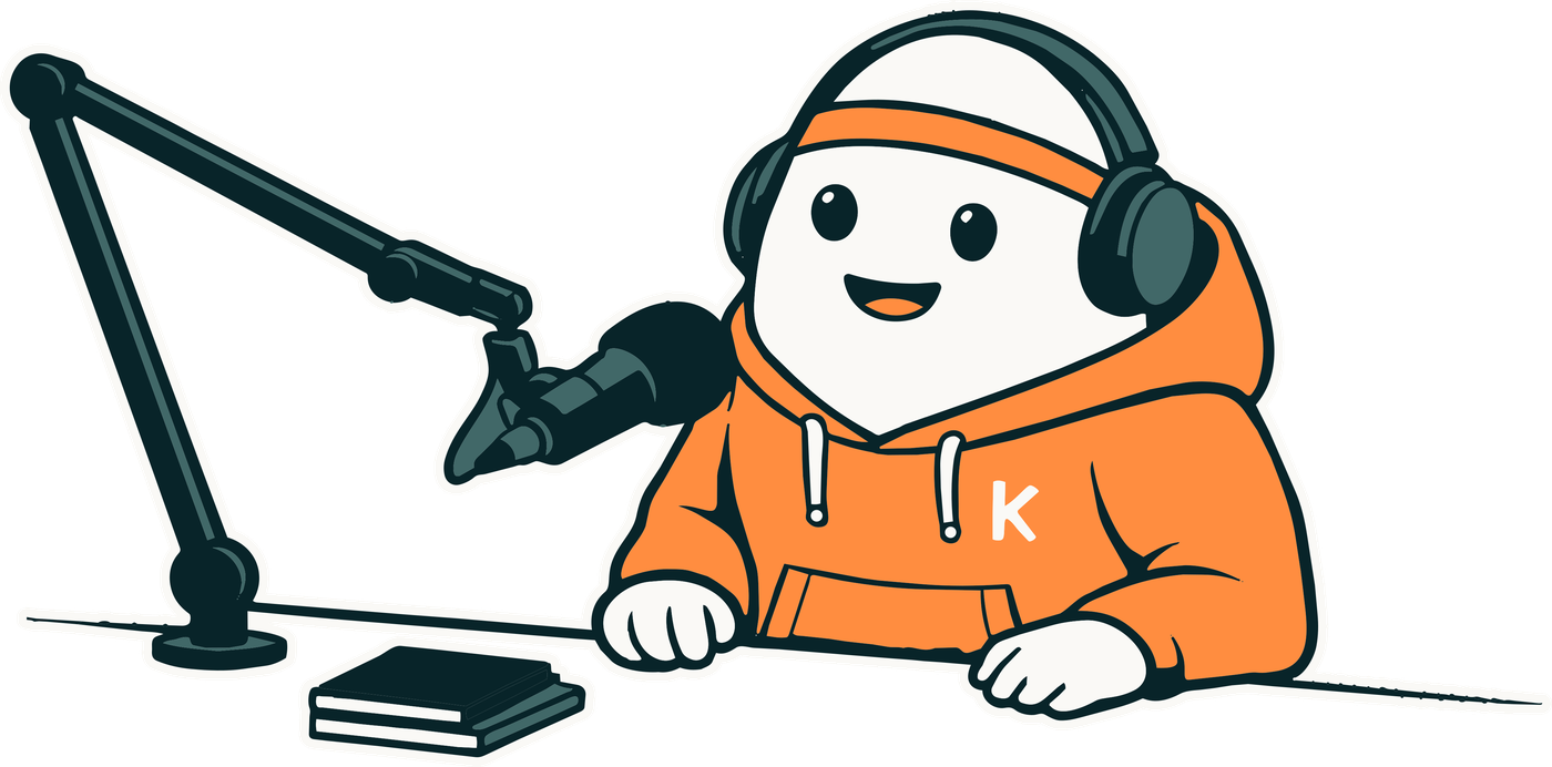 Kerni – das KRAFTKERN-Maskottchen am Podcast-Mikrofon
